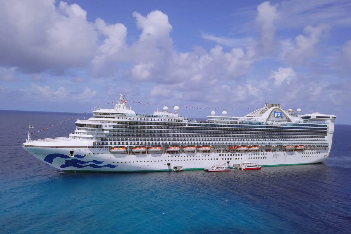 Princess Cruises vessel Caribbean Princess is seen in this promotional image. The ship was scheduled to dock in Victoria on April 6, marking the first time a cruise ship has docked in Canadian waters since the pandemic began, but ship maintenance schedule changes have cancelled the visit. (Photo Courtesy of Princess Cruises)