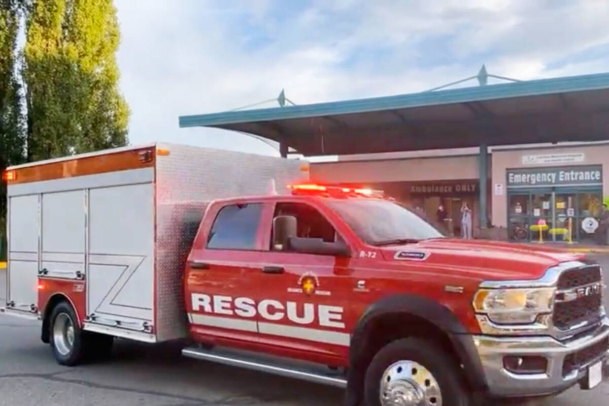 A Central Cariboo Search and Rescue truck was stolen overnight from inside the SAR team’s hall in Williams Lake. Pictured above, CCSAR members drove the new truck in a salute to health care workers past Cariboo Memorial Hospital in September 2021. (Angie Mindus photo - Williams Lake Tribune)