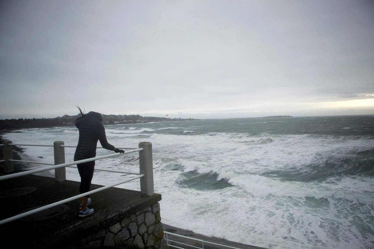 Strong wind and swelling waves are seen during a storm in Victoria, Tuesday, Jan. 5, 2021.Heavy rain and gusty winds are forecast for several parts of British Columbia as winter melts into spring. THE CANADIAN PRESS/Chad Hipolito