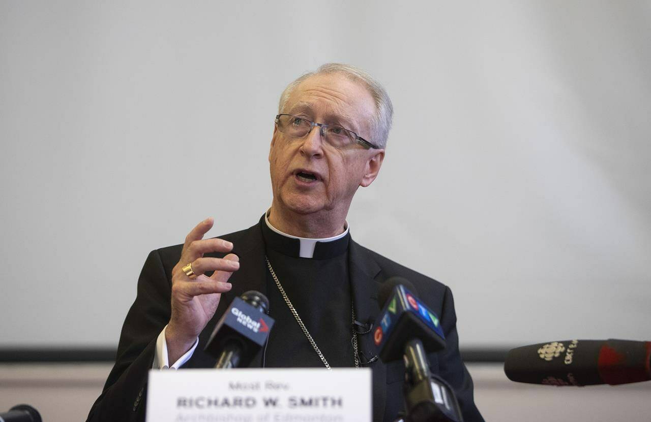 Archbishop Richard Smith shares his observations regarding his trip to Rome, in Edmonton on Monday April 4, 2022. Archbishop Smith was part of the delegation that met with the Pope Francis over the Roman Catholic Church’s role in Canada’s residential school system. THE CANADIAN PRESS/Jason Franson