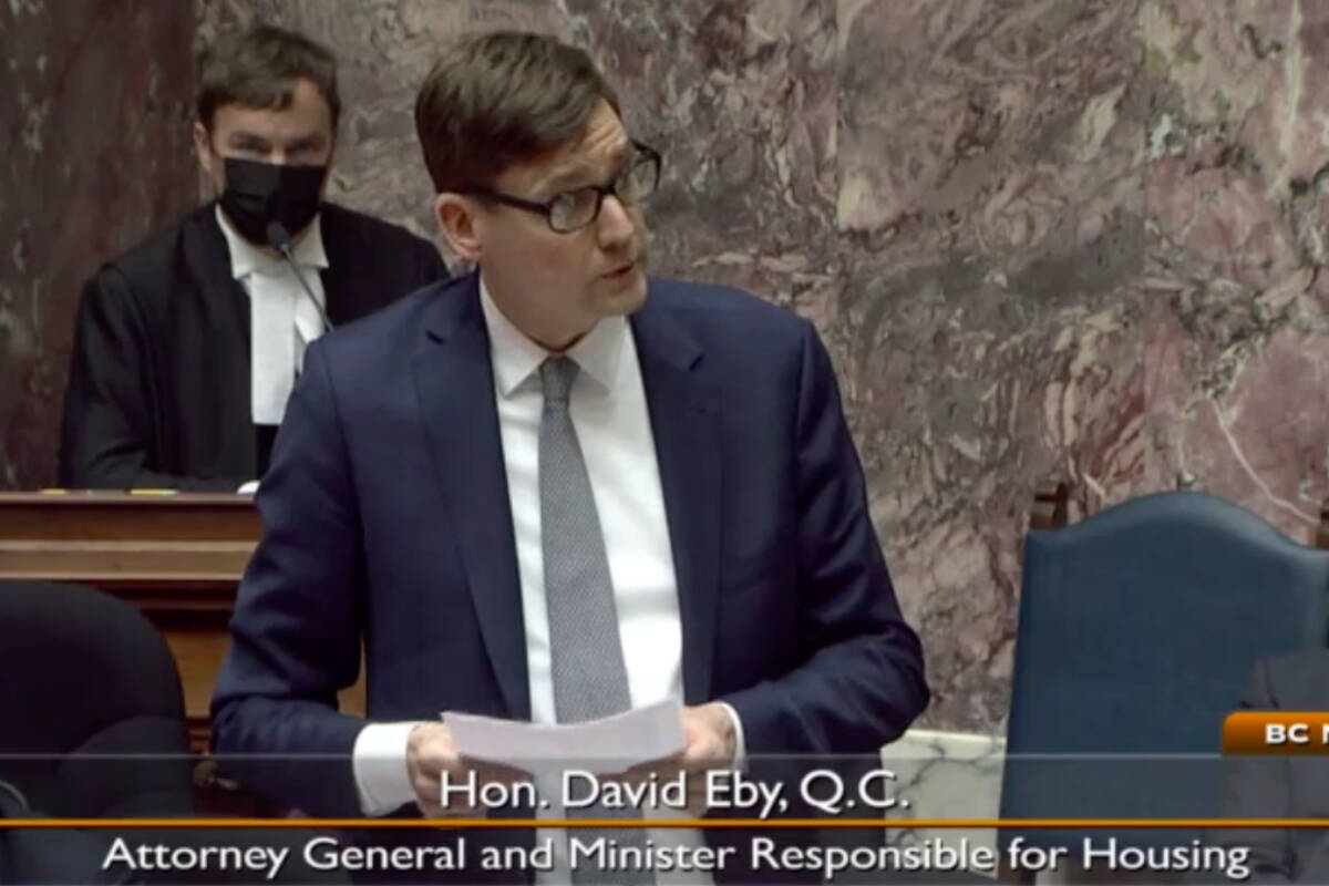 B.C.’s Attorney General, David Eby, responds to questions asked by Skeena BC Liberal MLA Ellis Ross in the Legislative Assembly on March 30. (Screenshot/Hansard videos)