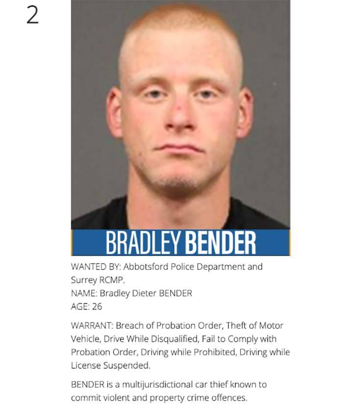 Bradley Bender is listed on Impact BC’s website baitcar.com as the number 2 most-wanted auto thief in the province. He was arrested April 4 in Abbotsford.