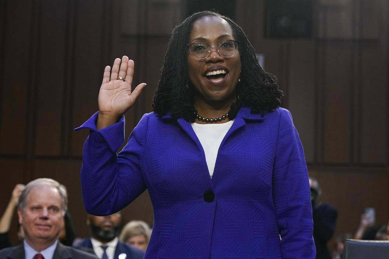 FILE - Supreme Court nominee Judge Ketanji Brown Jackson is sworn in for her confirmation hearing before the Senate Judiciary Committee March 21, 2022, on Capitol Hill in Washington. (AP Photo/Jacquelyn Martin, File)