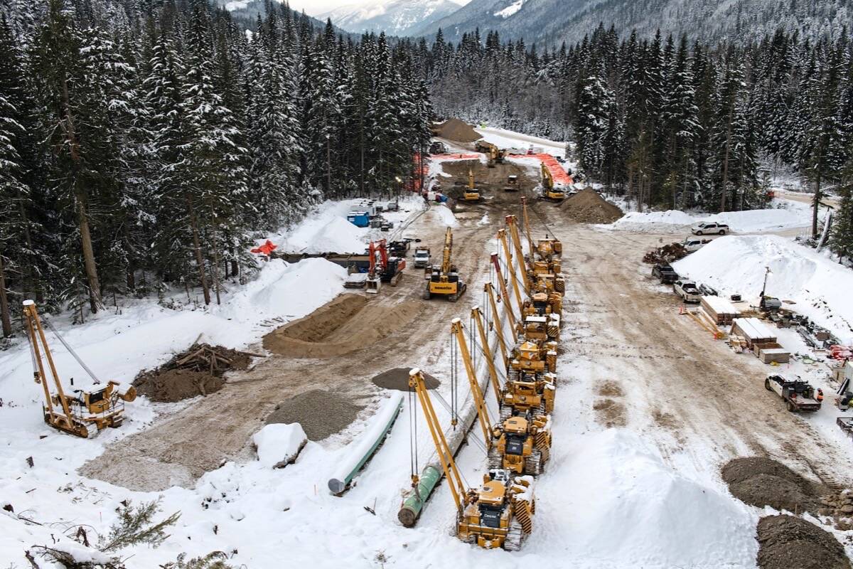 Trans Mountain pipeline twinning work continues in December 2021 near Blue River on B.C. Highway 5, about halfway between Kamloops and Jasper, Alberta. (Trans Mountain photo)