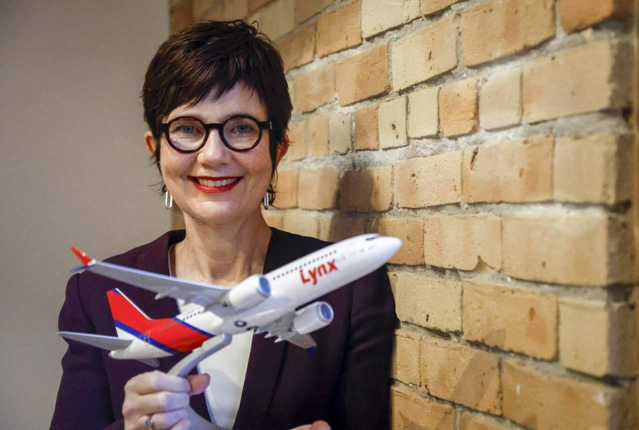 Lynx Air CEO Merren McArthur poses for a portrait in Calgary, Alta., Friday, Jan. 28, 2022. Lynx Air is making its inaugural flight today, the latest entrant to Canada’s increasingly crowded budget airline market.THE CANADIAN PRESS/Jeff McIntosh