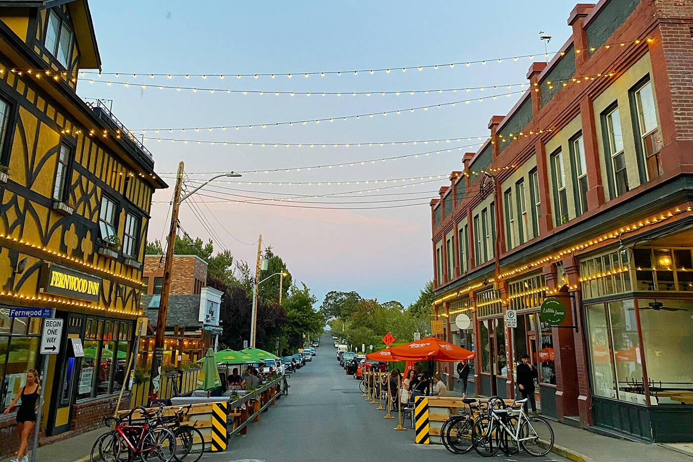 The province has extended its pandemic patio program until next spring. The patios in the 1300-block of Gladstone Avenue serve as a pilot program as Victoria explores permanently allowing street and sidewalk dining spaces. (Courtesy Build Back Victoria)