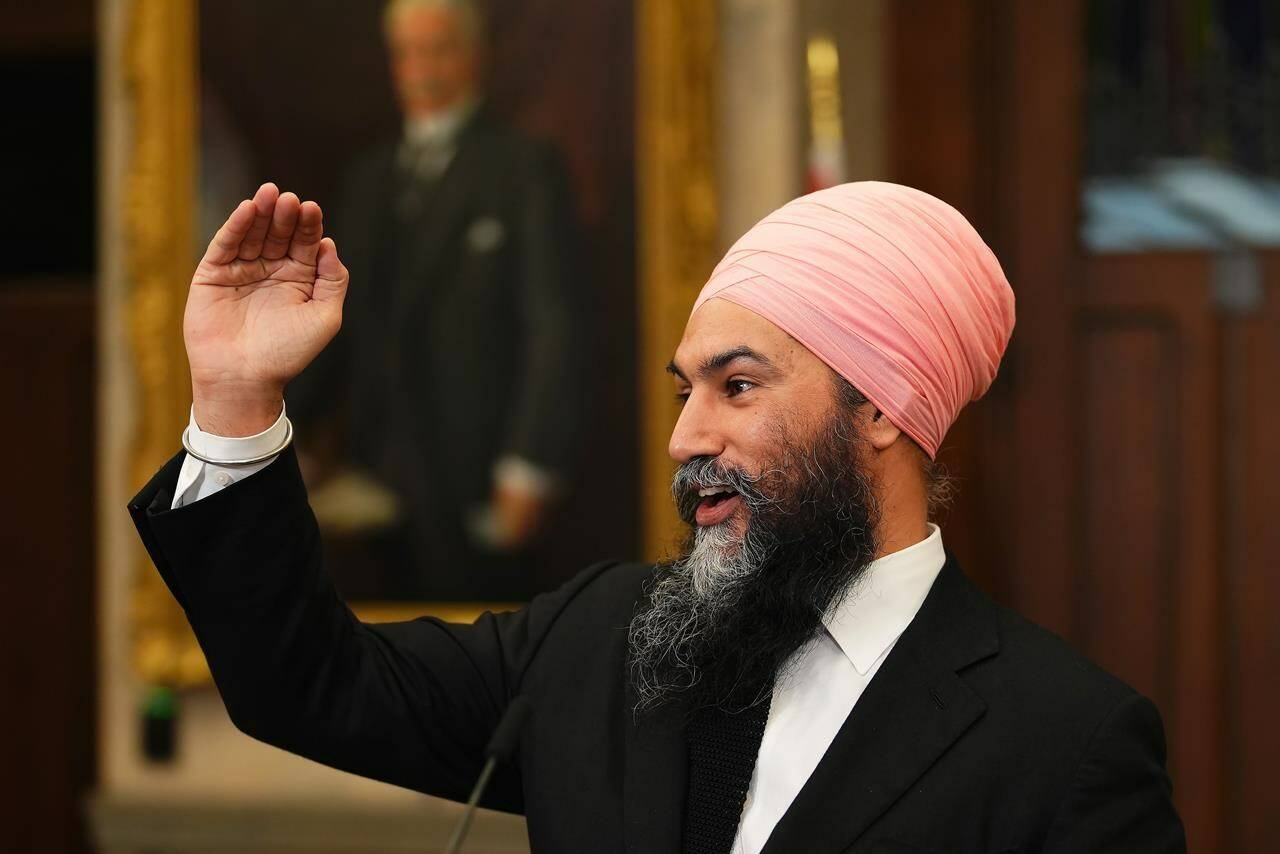 NDP Leader Jagmeet Singh speaks in reaction following the release of the federal budget, on Parliament Hill, in Ottawa, Thursday, April 7, 2022. THE CANADIAN PRESS/Sean Kilpatrick