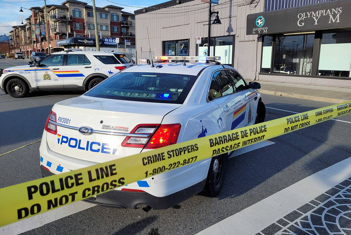 Police are on the scene of a shooting at a downtown Maple Ridge gym on Saturday evening. (Neil Corbett/The News)