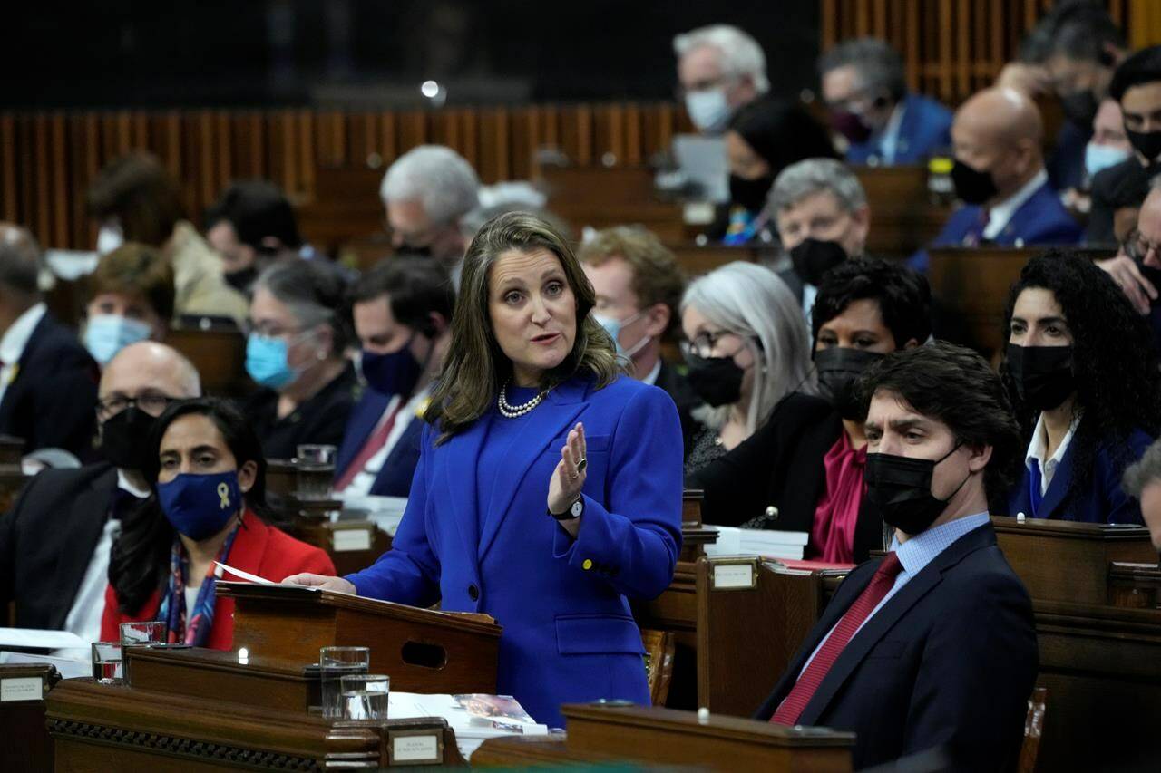 Finance Minister Chrystia Freeland tables the federal budget in the House of Commons as Prime Minister Justin Trudeau looks on in Ottawa, Thursday, April 7, 2022. The Liberal budget laid out money for a new dental care program Thursday, but not necessarily a plan. THE CANADIAN PRESS/Adrian Wyld
Finance Minister Chrystia Freeland tables the federal budget in the House of Commons as Prime Minister Justin Trudeau looks on in Ottawa, Thursday, April 7, 2022. The Liberal budget laid out money for a new dental care program Thursday, but not necessarily a plan. THE CANADIAN PRESS/Adrian Wyld