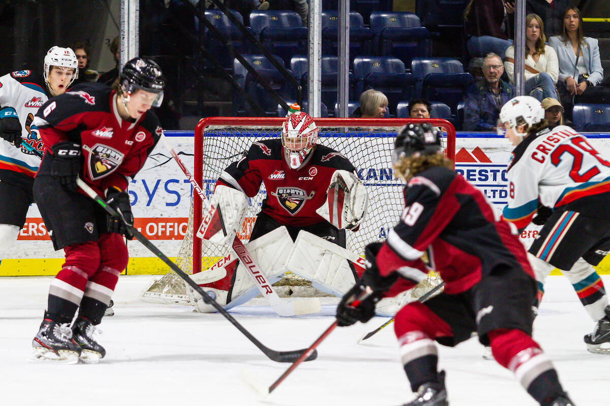 Vancouver Giants are now back in sixth place in the Western Conference playoff standings after a 3-2 road victory Sunday afternoon, April 10, in Kelowna. Under-age goaltender Matthew Hutchison, 15, got his first WHL win. (Steve Dunsmoor/Special to Langley Advance Times)