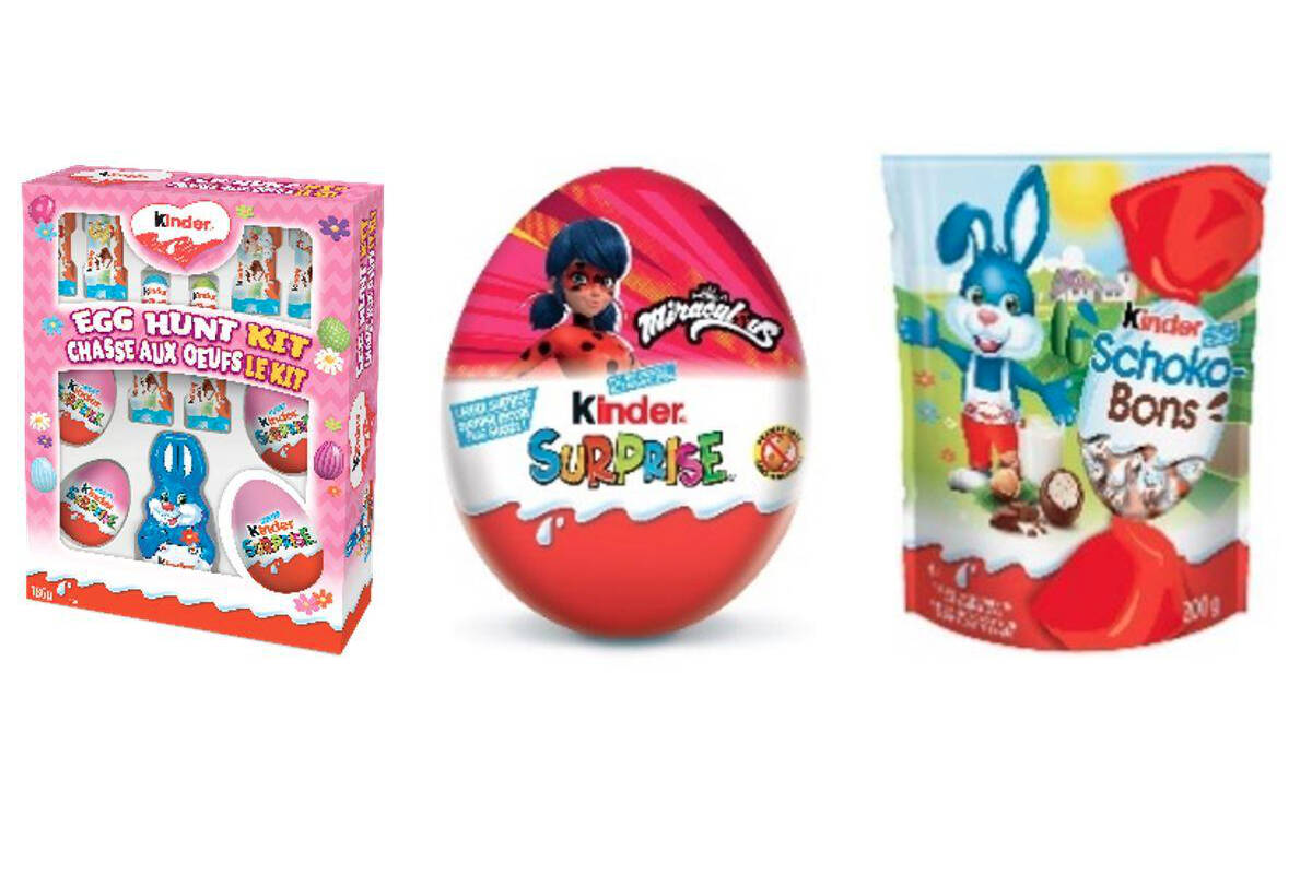 A number of products including Kinder Egg Hunt kits, Kinder Surprise Eggs and Schoko Bons have been recalled due to possible salmonella contamination. (Health Canda photos)
