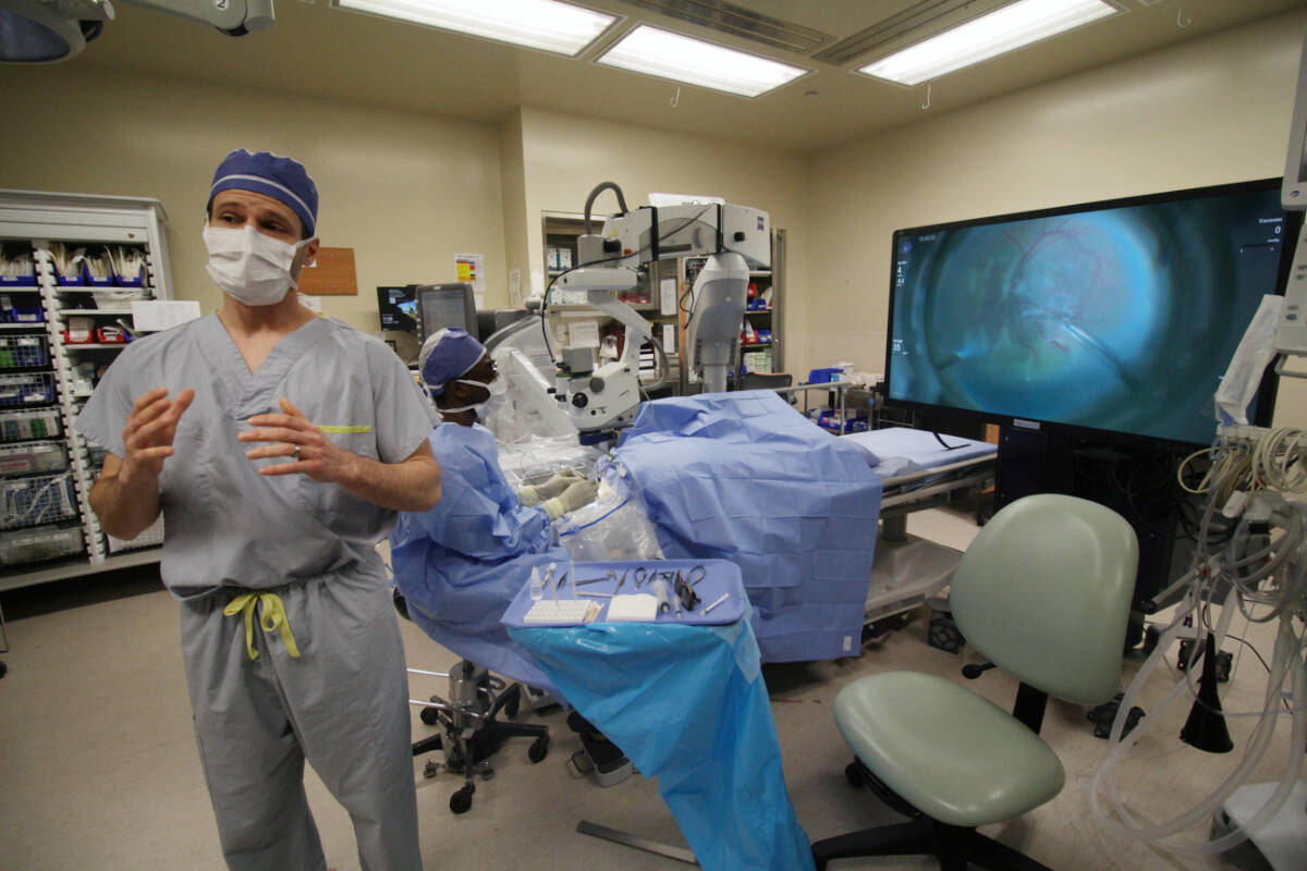 Dr. Steve Levasseur, retinal surgeon and department head of vitreoretinal surgery at Surrey Memorial Hospital, explains how B.C.’s first digitally assisted 3D visualization eye surgery technology works. (Photo: Lauren Collins)