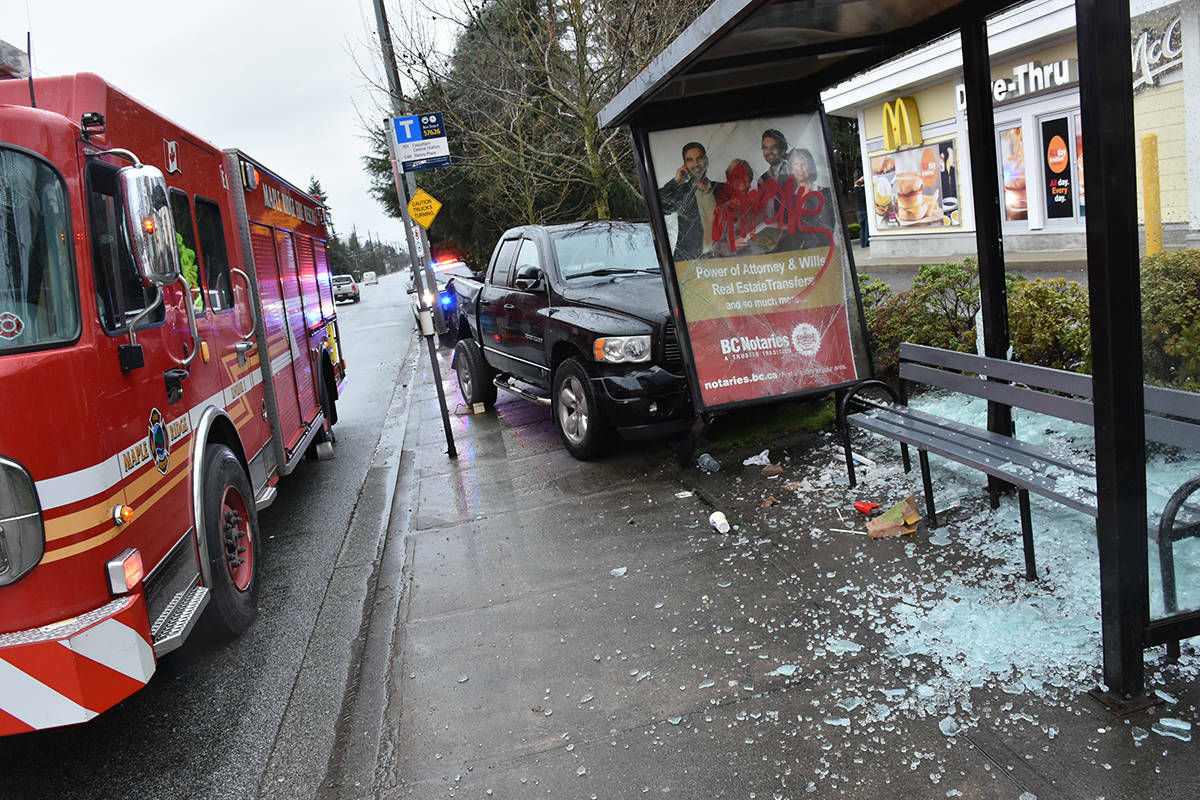 The truck rampaged through a mall parking lot near 240th Street in Maple Ridge and came to a stop against an unoccupied bus stop. (The News/files)