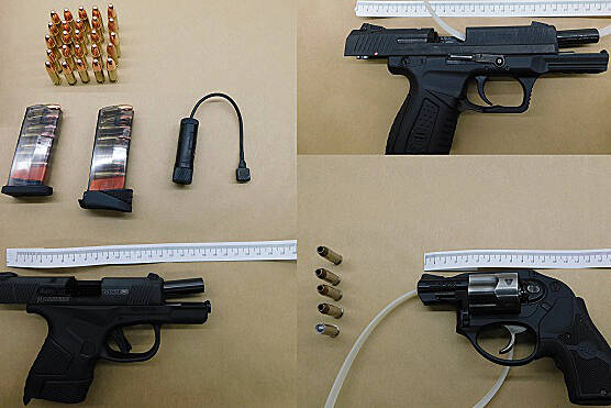 Three loaded handguns and a stun gun were seized by BC RCMP Federal Policing Border Integrity officers near the Douglas border on March 31, 2022. (RCMP photos)