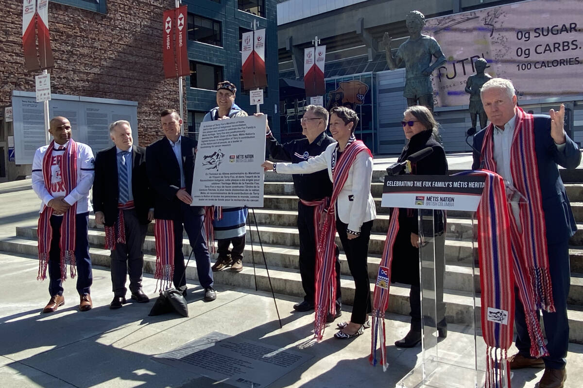A plaque commemorating Terry Fox’s Metis heritage was unveiled at Terry Fox Plaza in Vancouver on Thursday, April 14. From left to right: MP Parm Bains, MP Marc Dalton, Darrell Fox, Louis de Jaeger vice president of Metis Nation BC, Metis Elder Phillip Gladue, B.C. Minister for Tourism, Art, Culture and Sport Melanie Mark, Chair of the B.C. Pavillion Corporation Dr. Gwendolyn Point, and Tom Mayenknecht with the B.C. Sports Hall of Fame. (Cole Schisler/Black Press Media)