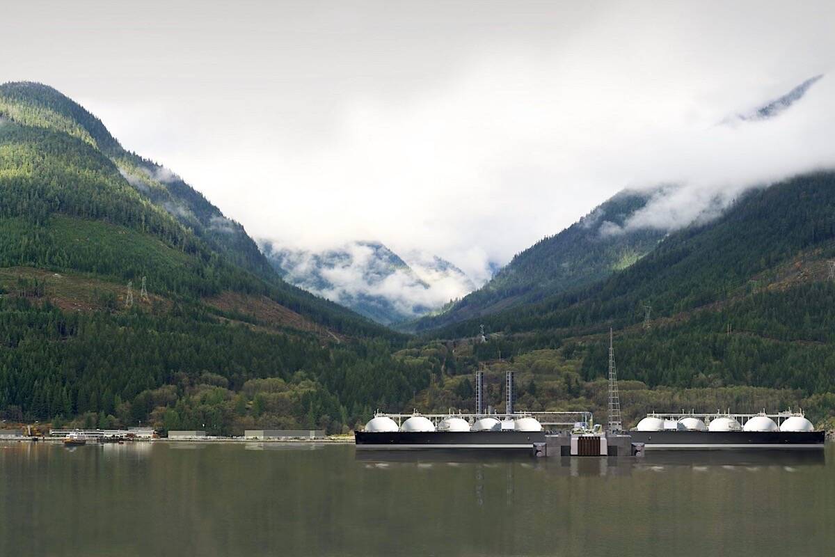 Artist’s rendering of the Woodfibre LNG terminal near Squamish, halfway between Vancouver and Whistler. The site has power and natural gas supply, having operated a pulp mill for nearly 100 years before the mill closed in 2006. (Woodfibre LNG)