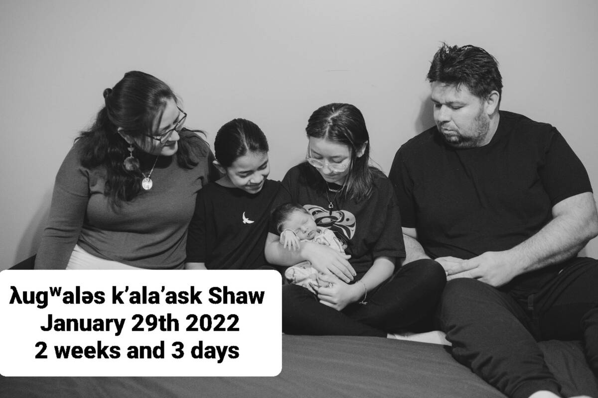 Crystal Smith (far left) and husband Raymond Shaw were unable to register their newborn son’s name because it uses Kwak’wala characters. Photo contributed