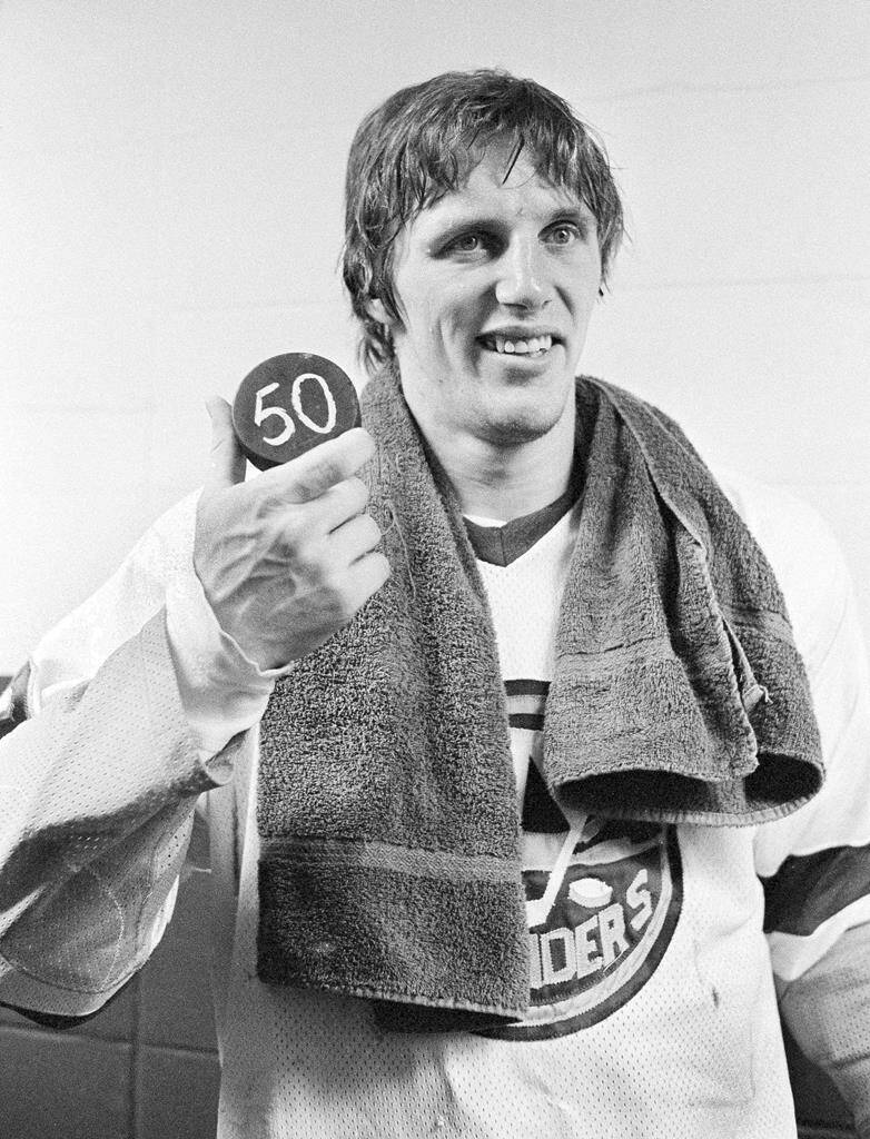 FILE - New York Islanders Mike Bossy holds a puck signifying his scoring 50 goals in his first 50 games, in Uniondale, N.Y., Jan. 24, 1981. Bossy, one of hockey’s most prolific goal-scorers and a star for the New York Islanders during their 1980s dynasty, died Friday, April 15, 2022, after a battle with lung cancer. He was 65. (AP Photo/Bennett, File)