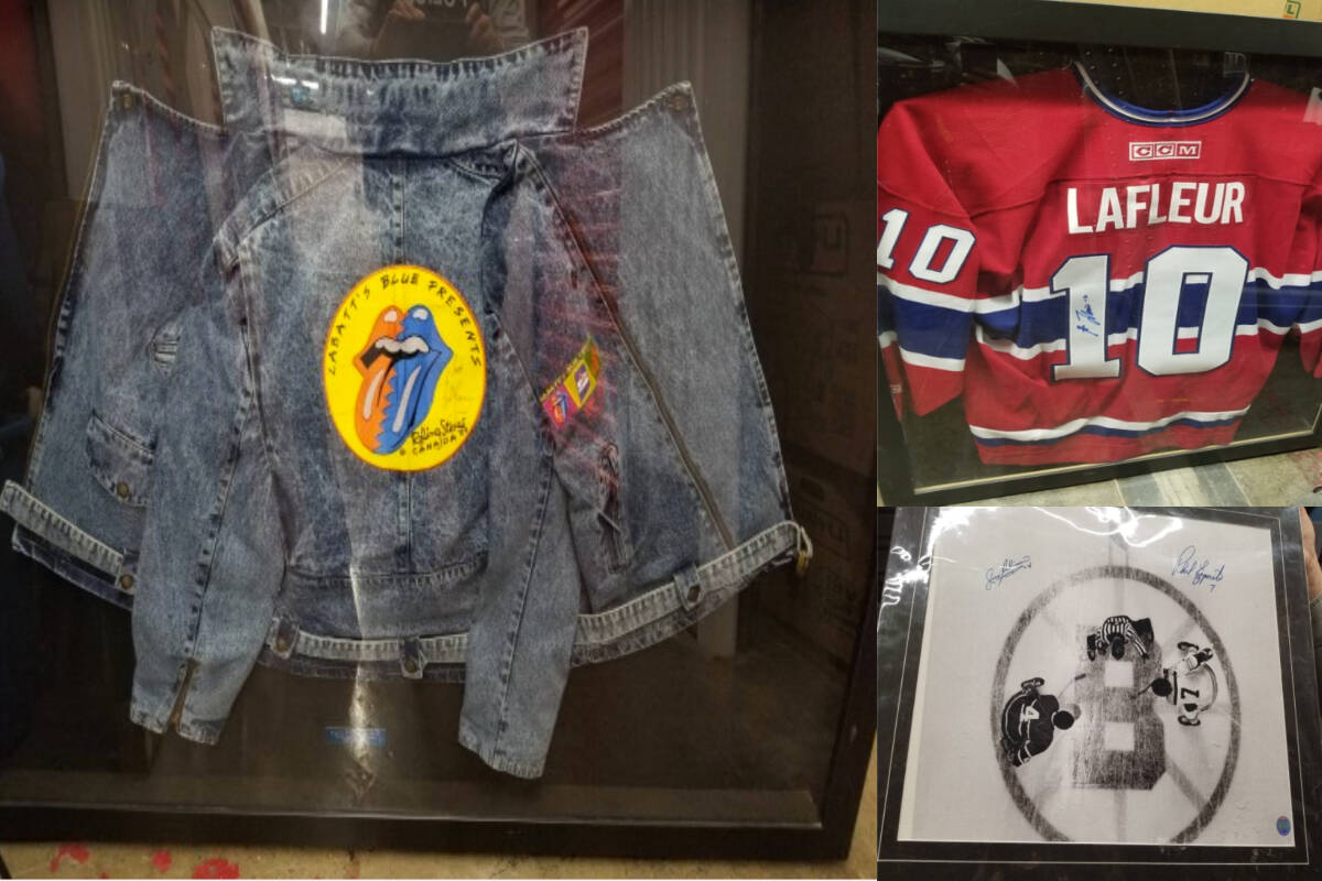 Kelowna RCMP recovered a shadow box of an autographed Guy Lafleur Montreal Canadians jersey, a shadow box of an autographed Bill Wyman, a Rolling Stones acid-wash jean jacket, and a framed print of Jean Beliveau and Phil Esposito at centre ice for the Boston Bruins from a storage locker and are looking for the rightful owner. (Kelowna RCMP photo)