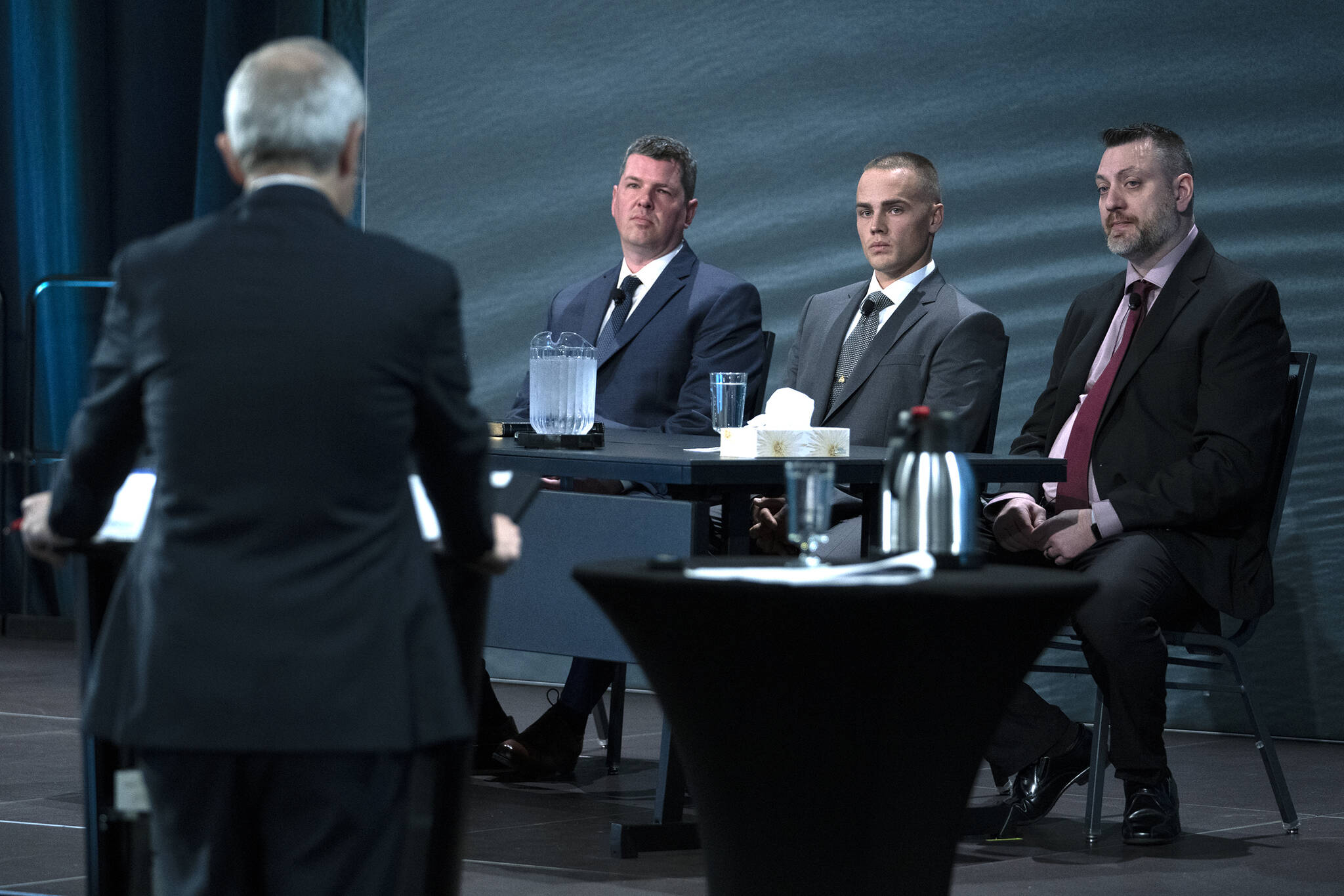 RCMP Constables Adam Merchant, Aaron Patton and Stuart Beselt, left to right, are questioned by commission counsel Roger Burrill at the Mass Casualty Commission inquiry into the mass murders in rural Nova Scotia on April 18/19, 2020, in Halifax on Monday, March 28, 2022. The officers were the first officers on the scene at the Portapique, N.S. shooting. THE CANADIAN PRESS/Andrew Vaughan