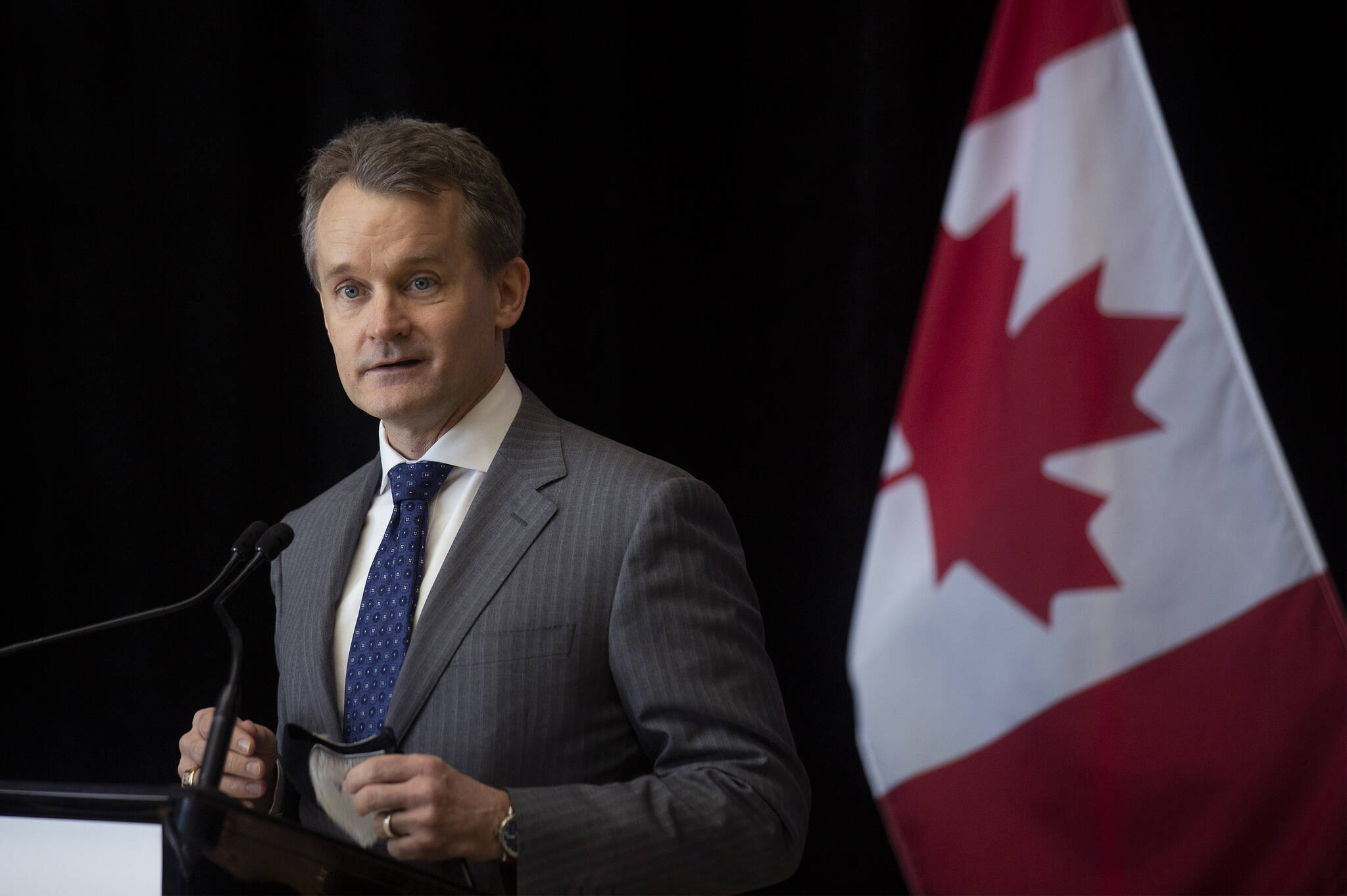 Seamus O’Regan, Minister of Labour and MP for St. John’s South-Mount Pearl speaks at the Confederation Building in St. John’s on Monday February 14, 2022. Ottawa and the Newfoundland and Labrador government have signed terms for two key pieces of a $5.2-billion financing agreement aimed at staving off a spike in provincewide electricity rates due to the beleaguered Muskrat Falls hydroelectric project. THE CANADIAN PRESS/Paul Daly