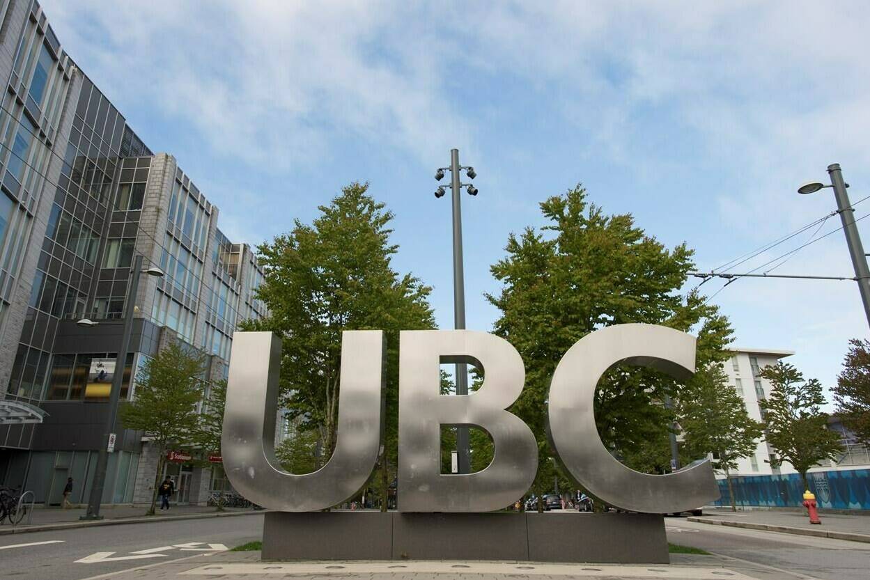 The UBC sign is pictured at the University of British Columbia in Vancouver, Apr. 23, 2019. The university is extending its mask mandate until the end of June 2022. THE CANADIAN PRESS/Jonathan Hayward