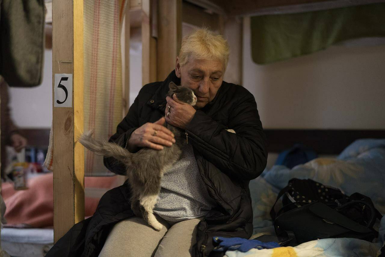 Alexandra Kusminova pets her cat, named Mouse, as she sits on a bed settled in a restaurant that was transformed into a shelter for those who are fleeing the war from the eastern region of the country in Dnipro, Ukraine, Wednesday, April 20, 2022. “We pray every day for everything to be fine, so many people and children have died. For what? Why this war? “, asks the 61-year-old woman, who left her home with her daughter and granddaughter, fleeing the Russian attacks in Avdiivka. The U.N. refugee agency says more than 5 million refugees have fled Ukraine since Russian troops invaded the country. The agency announced the milestone in Europe’s biggest refugee crisis since World War II on Wednesday, April 20, 2022. (AP Photo/Leo Correa)