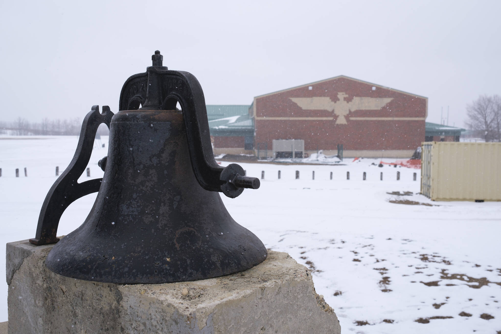 The original school bell sits atop a monument dedicated to the Indian Residential School at George Gordon First Nation on Wednesday April 20, 2022. The first geophysical investigation of the George Gordon Indian Residential School identified 14 possible burial locations. THE CANADIAN PRESS/Michael Bell