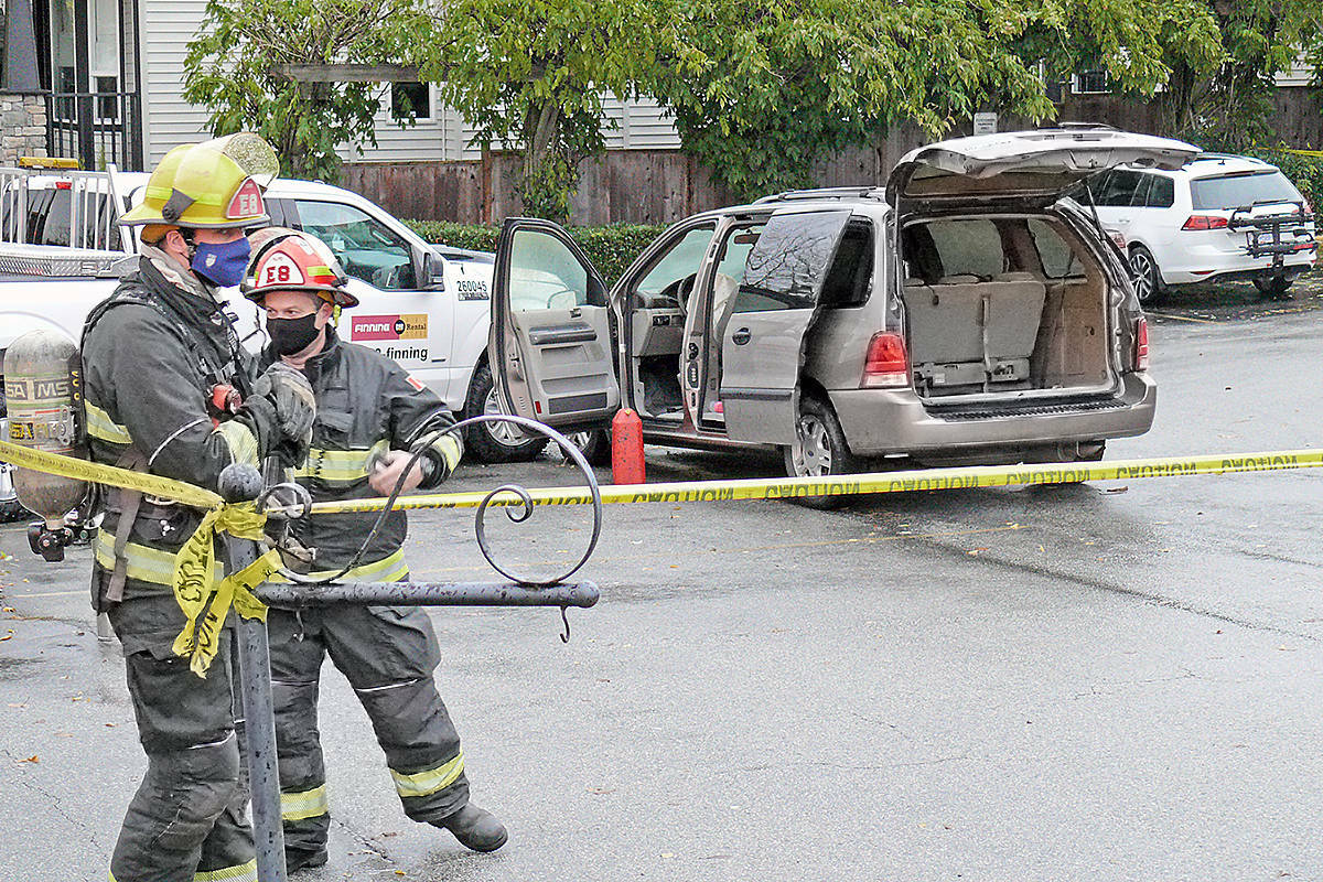 A Chilliwack man has been sentenced for the shooting of two people outside a Langley hotel in November of 2020. Suspects jumped out of a burning van and left it to crash. (Langley Advance Times file)
