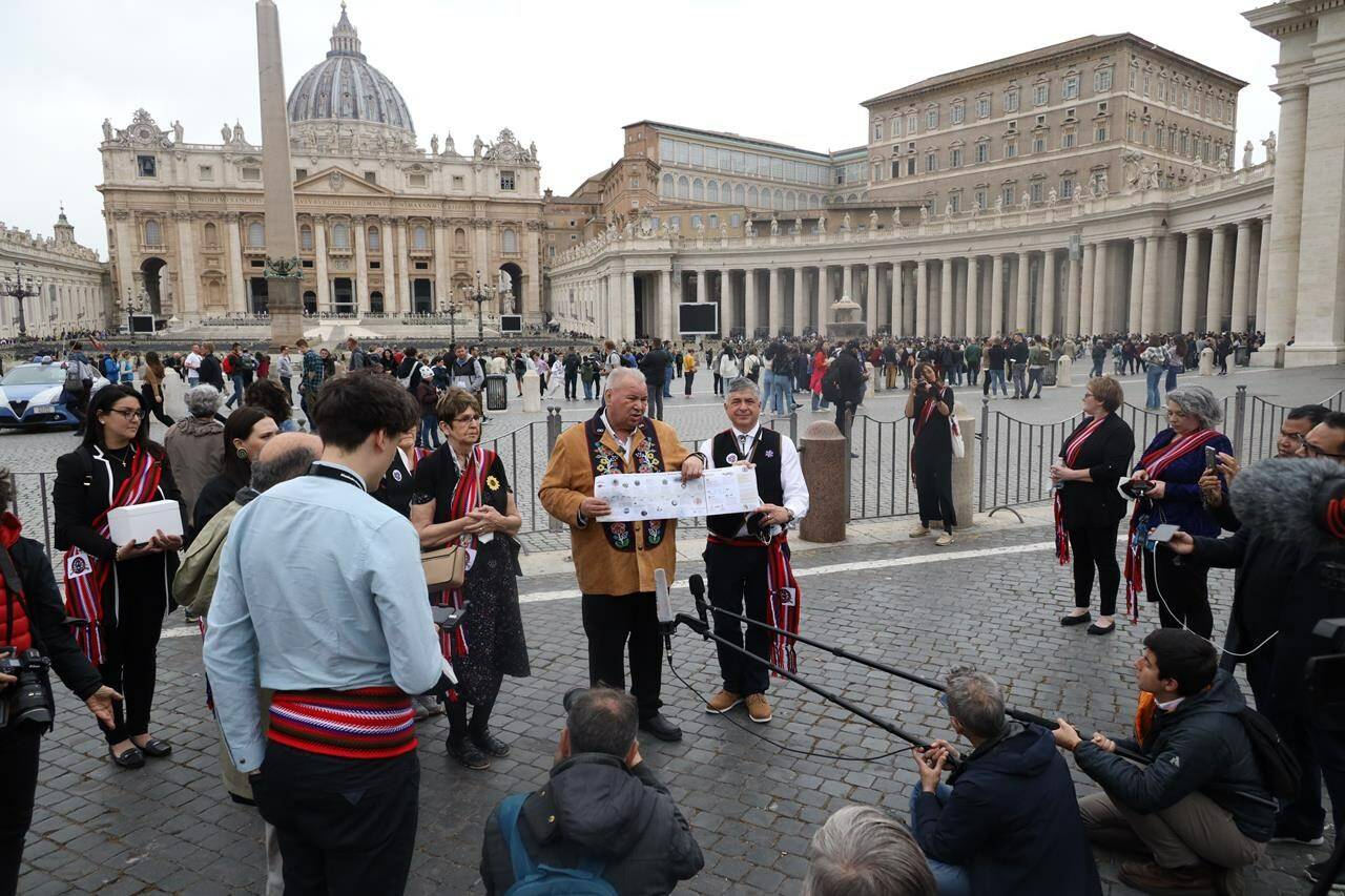 Manitoba Métis Federation President David Chartrand stands in St. Peter’s Square as Métis met with Pope Francis at the Vatican on April 21, 2022, in this handout photo. THE CANADIAN PRESS/HO-Jordan Meixner - Manitoba Métis Federation