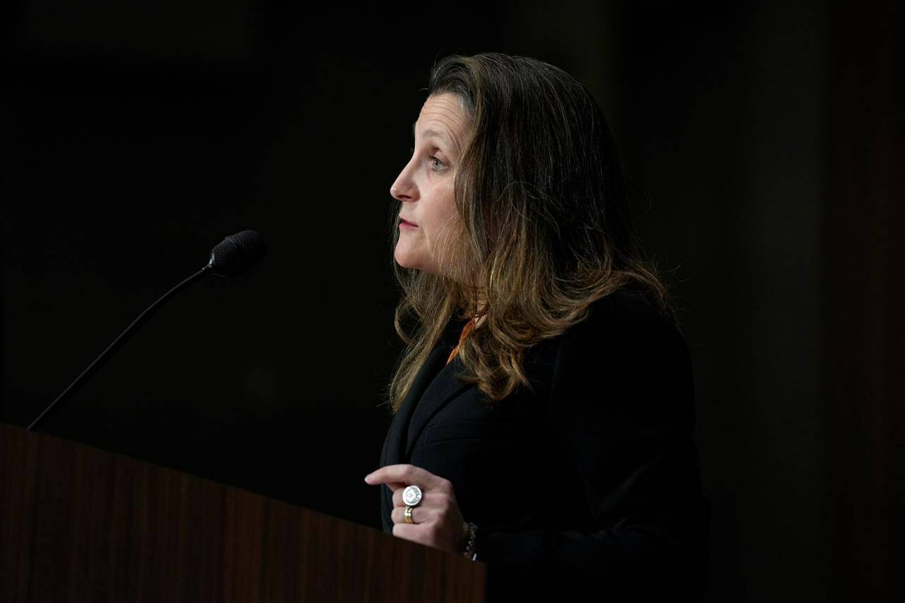 Deputy Prime Minister and Minister of Finance Chrystia Freeland speaks during a media availability on the situation in Ukraine, in Ottawa, on Tuesday, Feb. 22, 2022. THE CANADIAN PRESS/Justin Tang