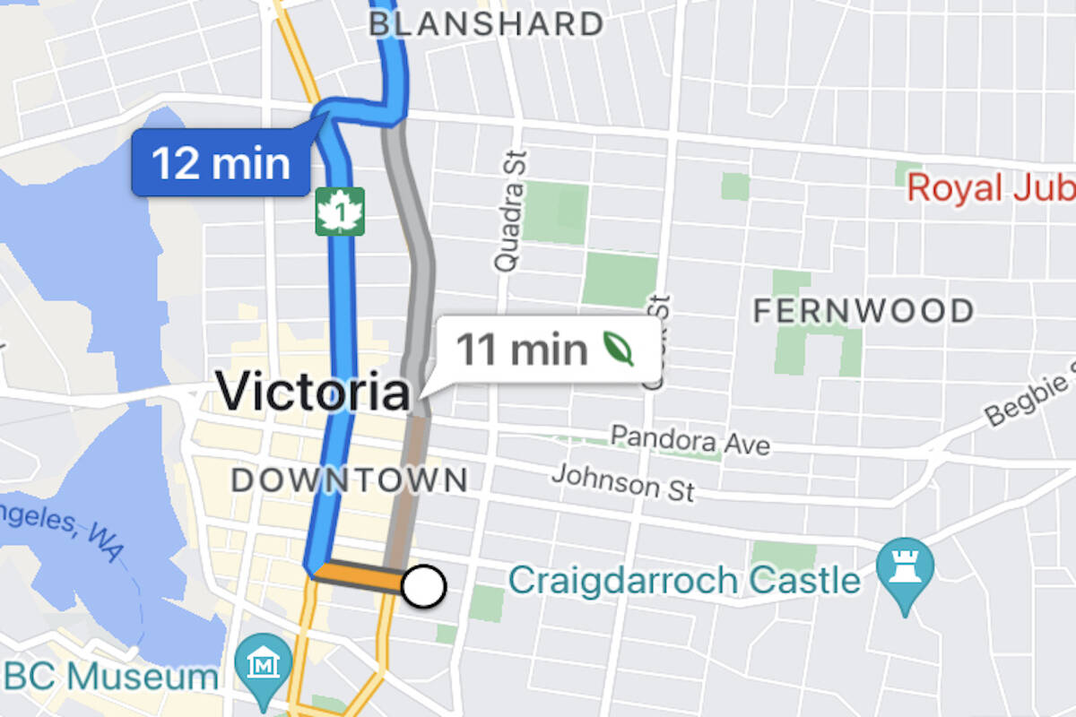 A test of Google Maps’ new ‘eco-friendly routing’ feature in Victoria. (Google Maps)