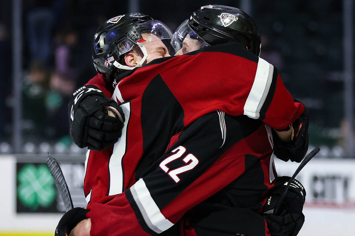 Adam Hall recorded his third goal of the night at 9:47 of overtime while Fabian Lysell set a Giants playoff single-game record with five assists. (Kristin Ostrowski/Langley Advance Times)