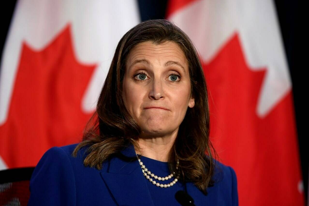 Deputy Prime Minister and Minister of Finance Chrystia Freeland speaks at a news conference in the media lockup, ahead of the tabling of the federal budget, in Ottawa, on Thursday, April 7, 2022. The Liberal government is assuring advocates that the goal of an upcoming budget spending review is not to slash social programs, as experts express caution about how that review is done as Canadians have endured a tumultuous few years.THE CANADIAN PRESS/Justin Tang