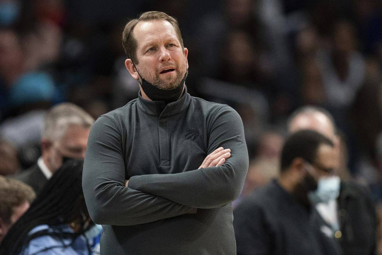 Toronto Raptors coach Nick Nurse watches during the second half of the team’s NBA basketball game against the Charlotte Hornets in Charlotte, N.C., Friday, Feb. 25, 2022. (AP Photo/Jacob Kupferman)