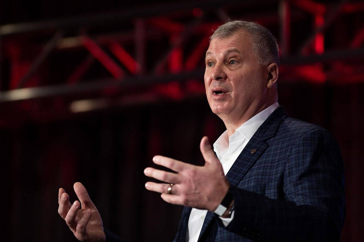 Randy Ambrosie at the Hamilton Convention Centre in Hamilton on Friday, December 10, 2021. The CFL will move its harshmarks closer to the centre of the field and allow teams to take the ball at the 40-yard line following a successful field goal or single in 2022. “It’s about improving game flow,” the CFL commissioner said Wednesday.THE CANADIAN PRESS/Nick Iwanyshyn
