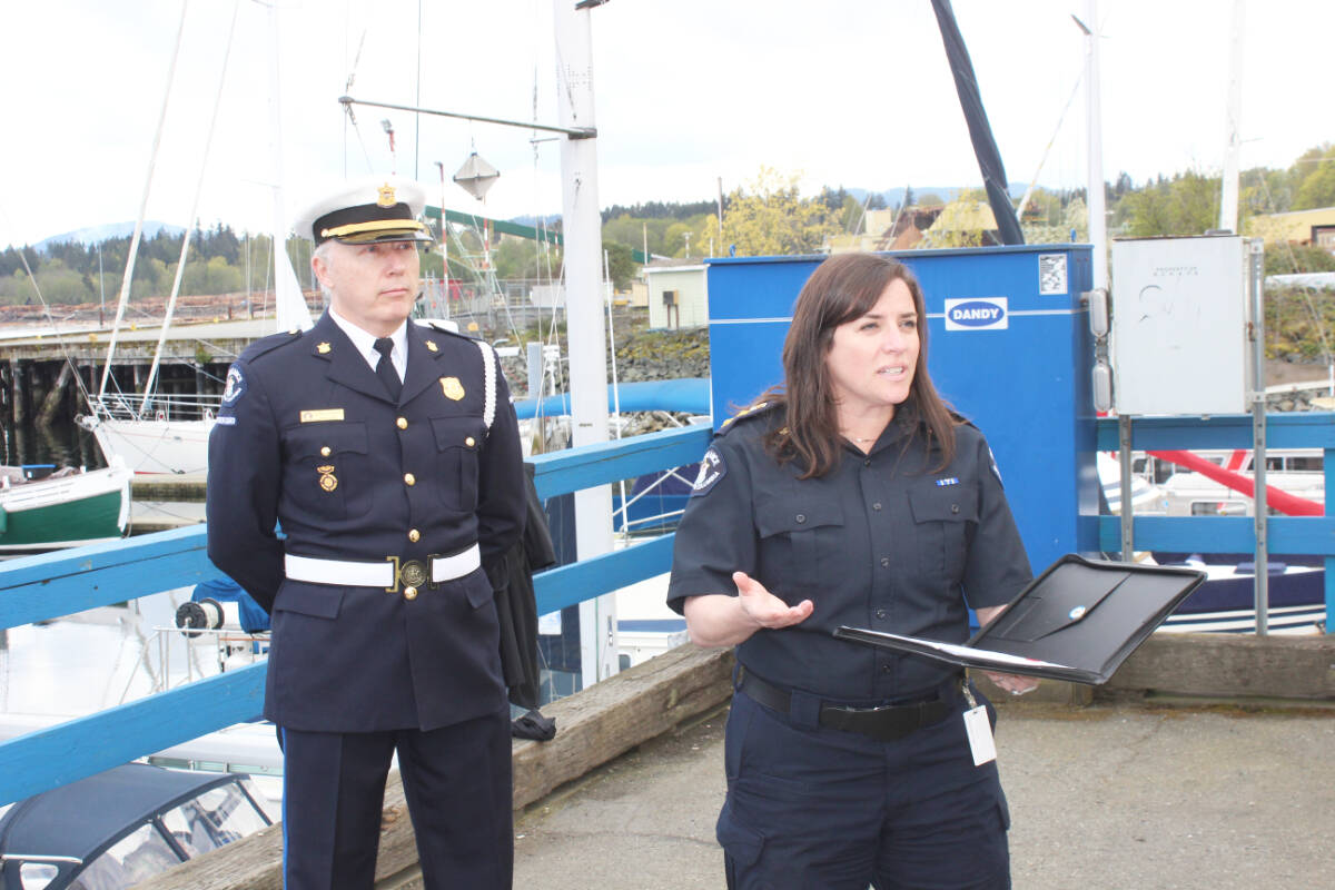 Heather Edward, South Vancouver Island director for BCEHS, addresses the gathering at the commemoration of the MV Island Responder at the Chemainus dock. (Photo by Don Bodger)