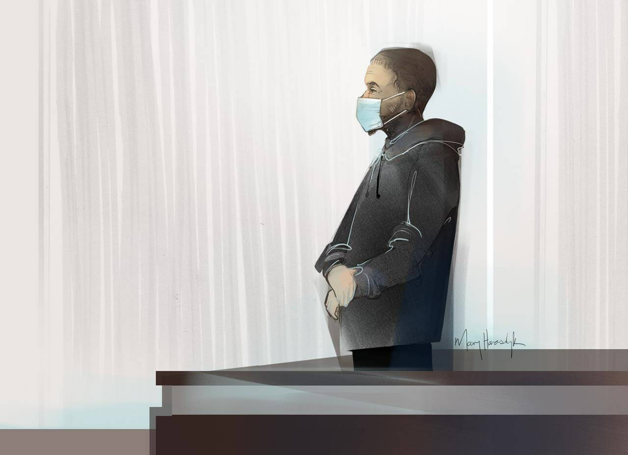 Hussein Borhot is seen in a courtroom illustration in Calgary on Thursday, April 28, 2022. Borhot, who pleaded guilty to terrorism-related activities with the militant group Islamic State, told a judge he didn’t know any better. THE CANADIAN PRESS/Mary Haasdyk