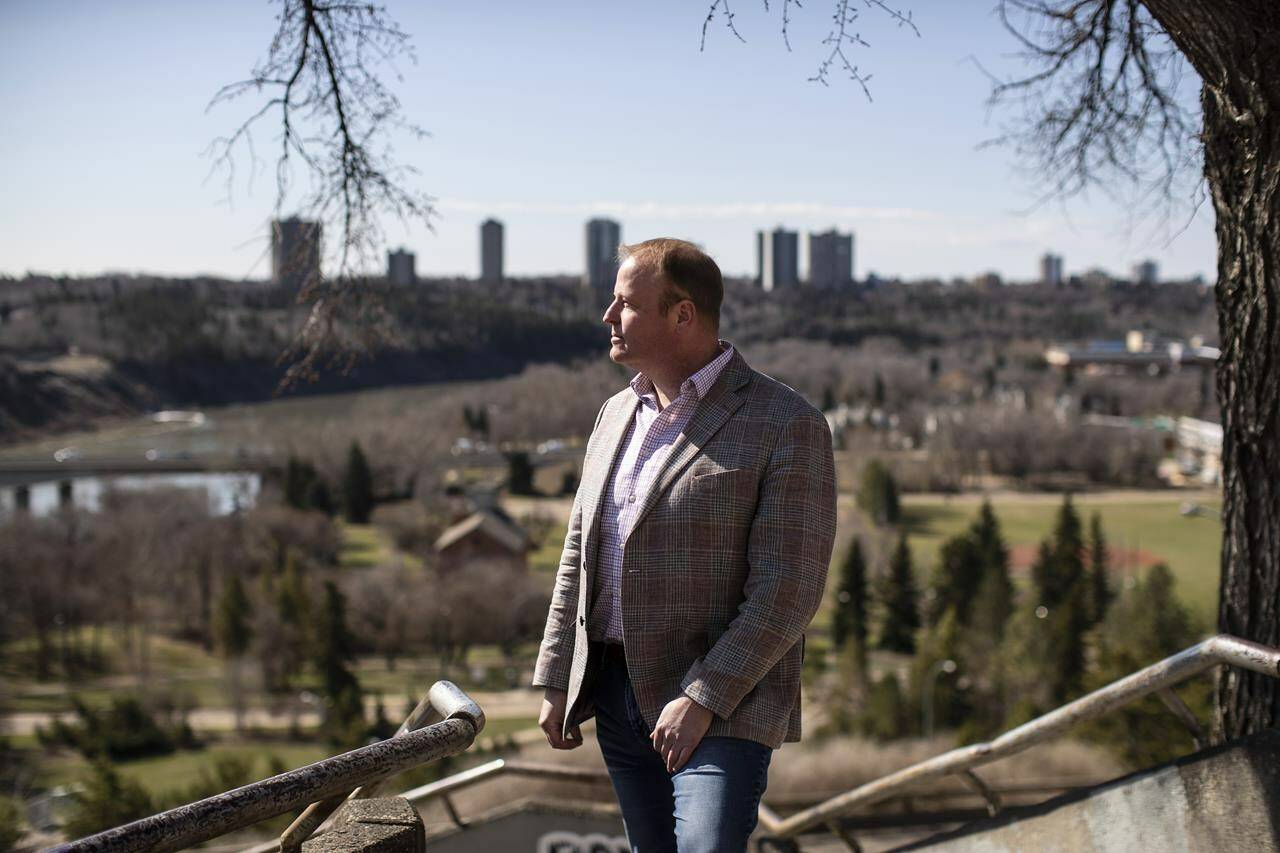 Jeffrey Hansen-Carlson, president of Prairie Sky Gondola, is pictured at the location for a proposed urban gondola in Edmonton on Friday, April 29, 2022. THE CANADIAN PRESS/Jason Franson