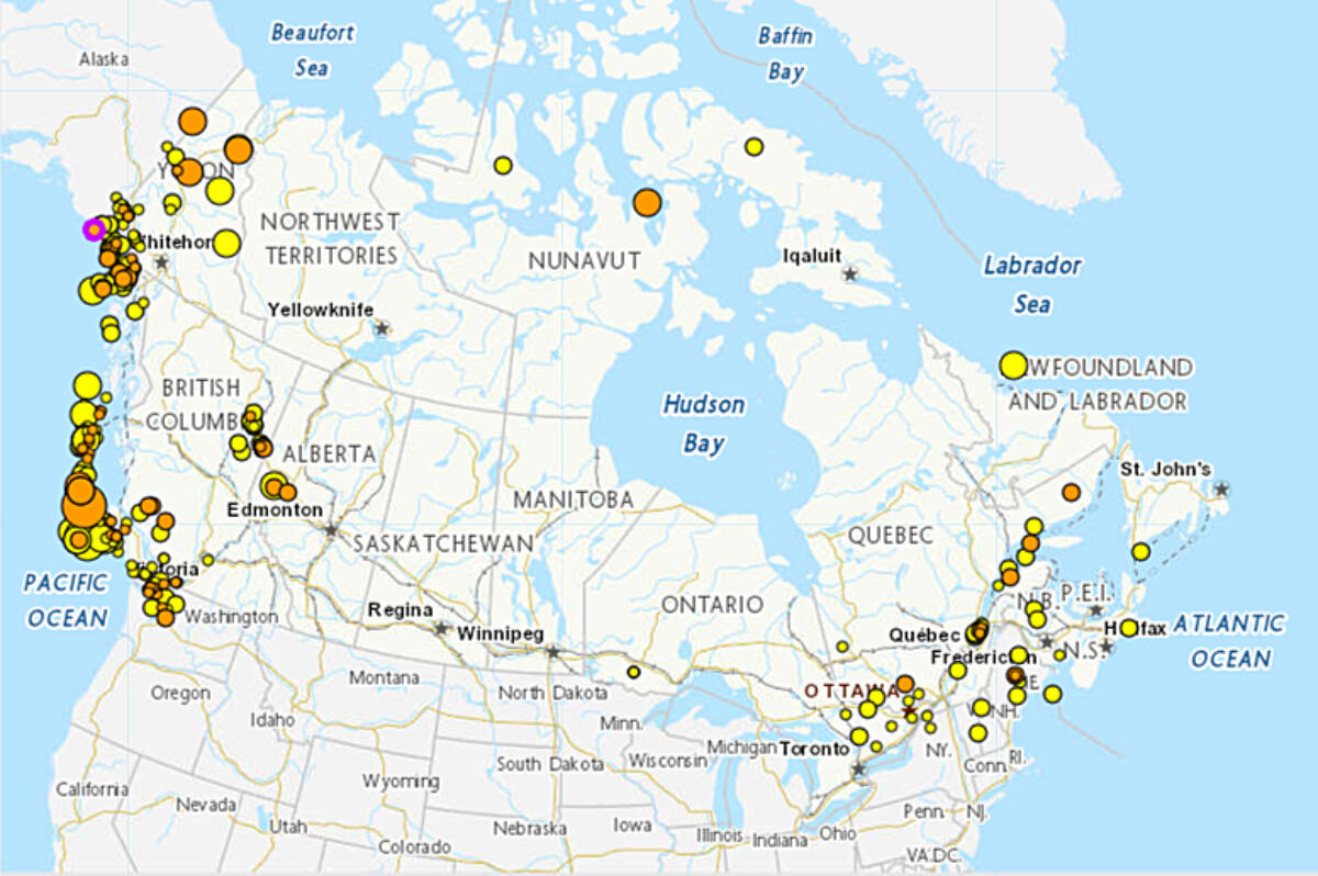 There were nearly 400 earthquakes recorded in Canada in the month of April 2022. (MAP COURTESY EARTHQUAKES CANADA)