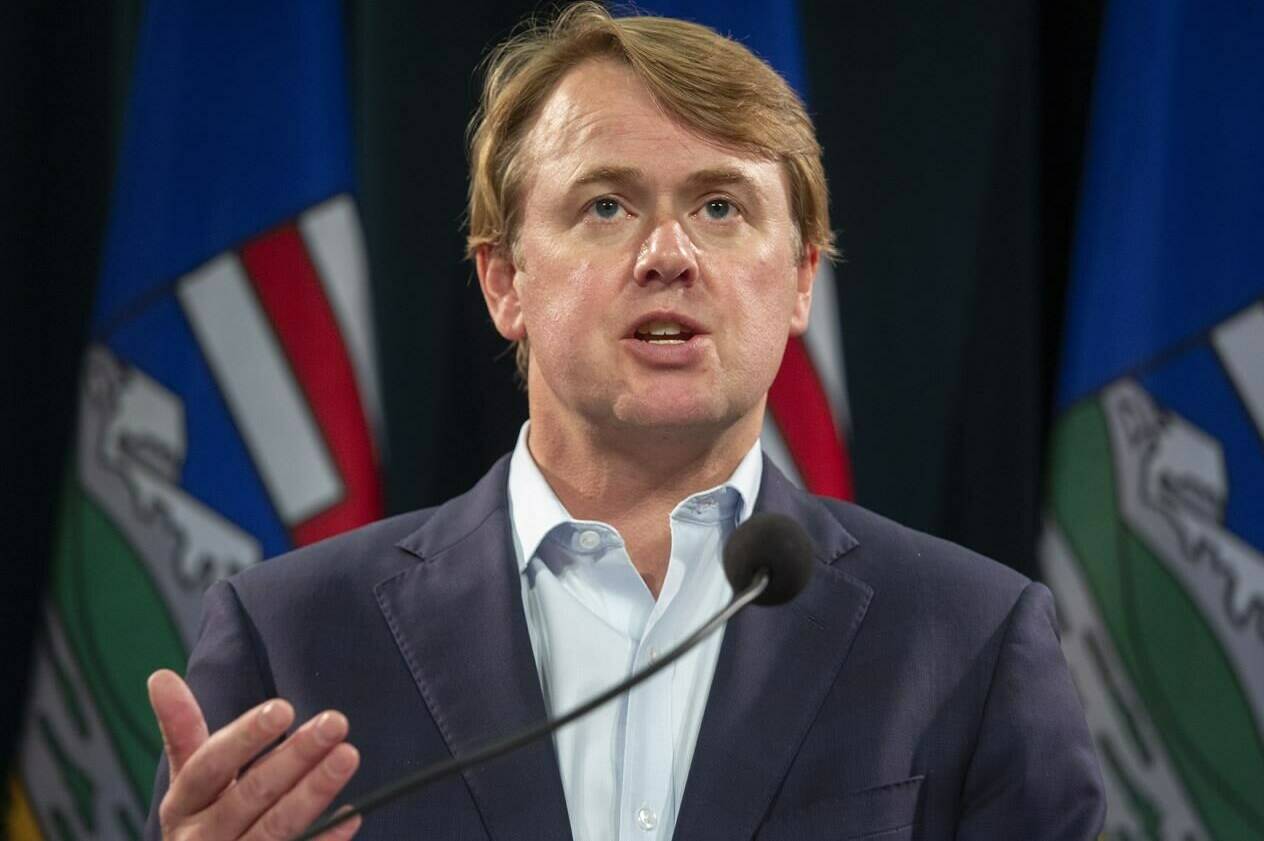 Alberta’s former health minister, Tyler Shandro, answers questions at a news conference in Calgary, Friday, Sept. 3, 2021. THE CANADIAN PRESS/Todd Korol