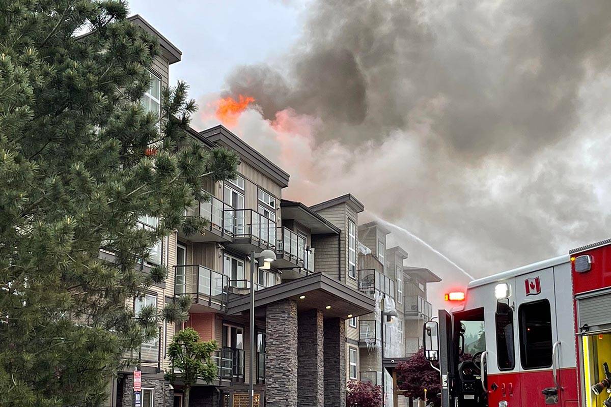 A large fire Tuesday morning caused major damage to the Tamarind Westside apartment building on Cardinal Avenue just east of Mt. Lehman Road. (Ben Lypka/Abbotsford News)