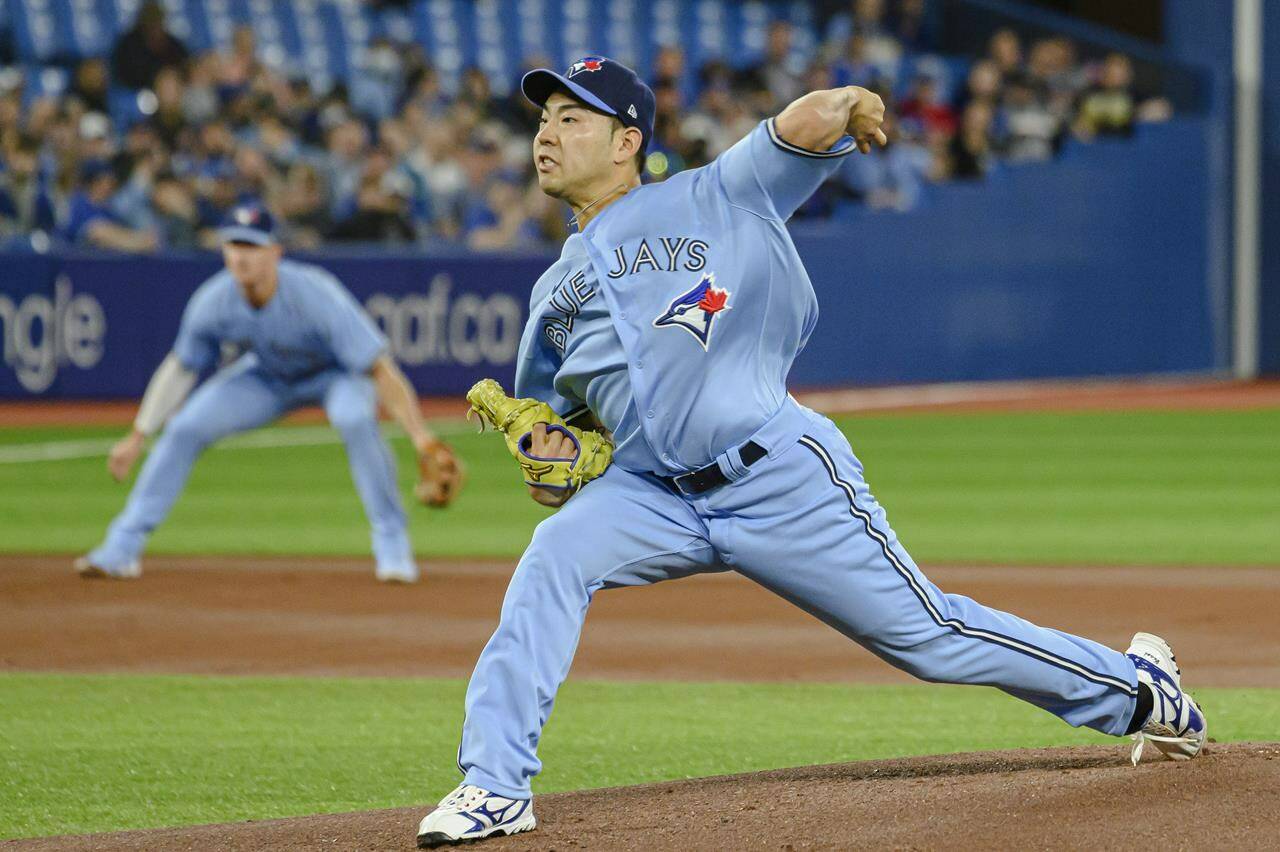 Toronto Blue Jays starting pitcher Yusei Kikuchi (16) throws during the first inning of MLB baseball action against the New York Yankees in Toronto on Wednesday, May 4, 2022. THE CANADIAN PRESS/Christopher Katsarov