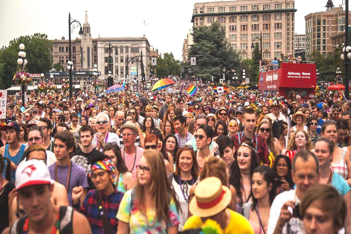Greater Victoria has the highest proportion of trans and non-binary folks in Canada. Shown is the crowd from the 2018 Victoria Pride parade. (Photo courtesy of Victoria Pride Society)