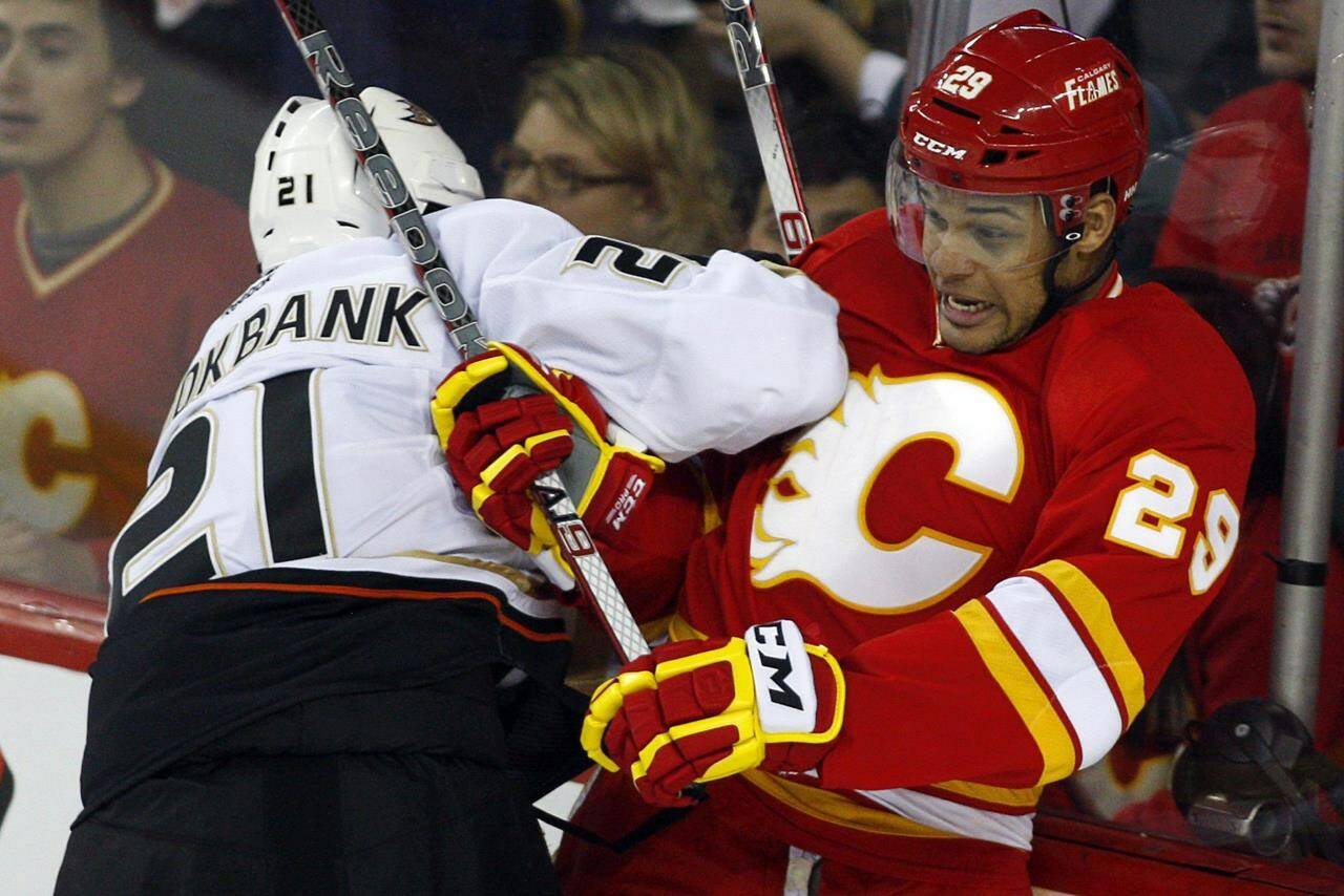 FILE - In this April 7, 2012, file photo, Anaheim Ducks’ Sheldon Brookbank, left, checks Calgary Flames’ Akim Aliu, a Nigerian-born Canadian, during third period of an NHL hockey game in Calgary, Alberta. Aliu’s book titled “Akim Aliu Dreamer: Growing Up Black in the World of Hockey,” is due out in February and shares a journey of being a Nigerian-born child of mixed-race parents attempting to assimilate at a young age in Ukraine and Canada. (AP Photo/The Canadian Press, Jeff McIntosh, File)