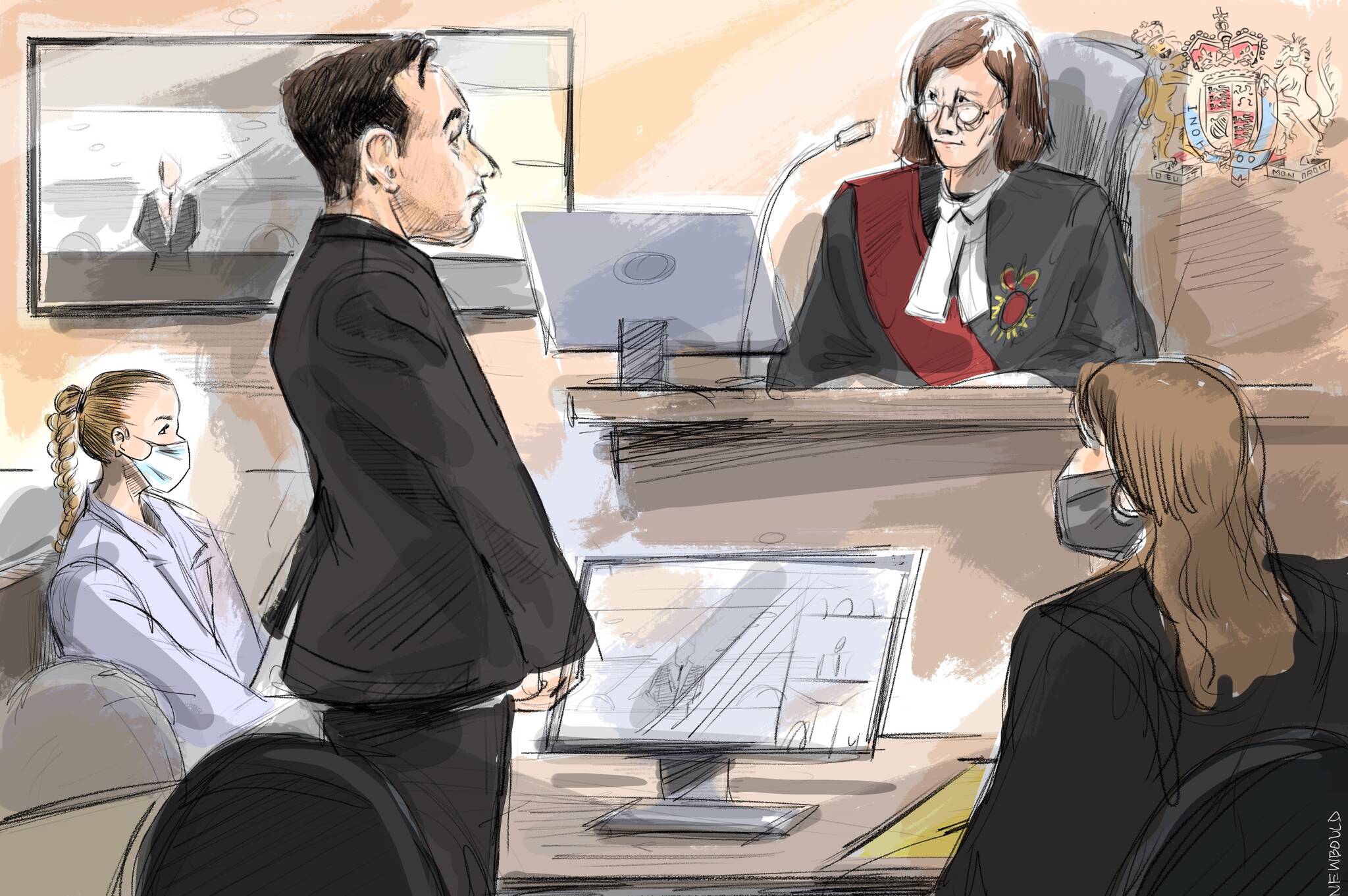 Canadian musician Jacob Hoggard appears before Justice Gillian Roberts as his wife Rebekah Asselstine (left) and lawyer Megan Savard (right) look on in Toronto on Wednesday, May 4, 2022 in this artist’s sketch. A panel of jurors has been chosen to hear the sex assault trial of Hoggard. THE CANADIAN PRESS/Alexandra Newbould