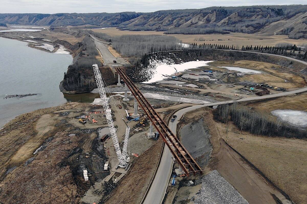Construction of the Farrell Creek bridge at the Site C dam on the Peace River, March 21, 2022. Site C has been under construction for seven years with union and non-union crews working together. (B.C. Hydro photo)