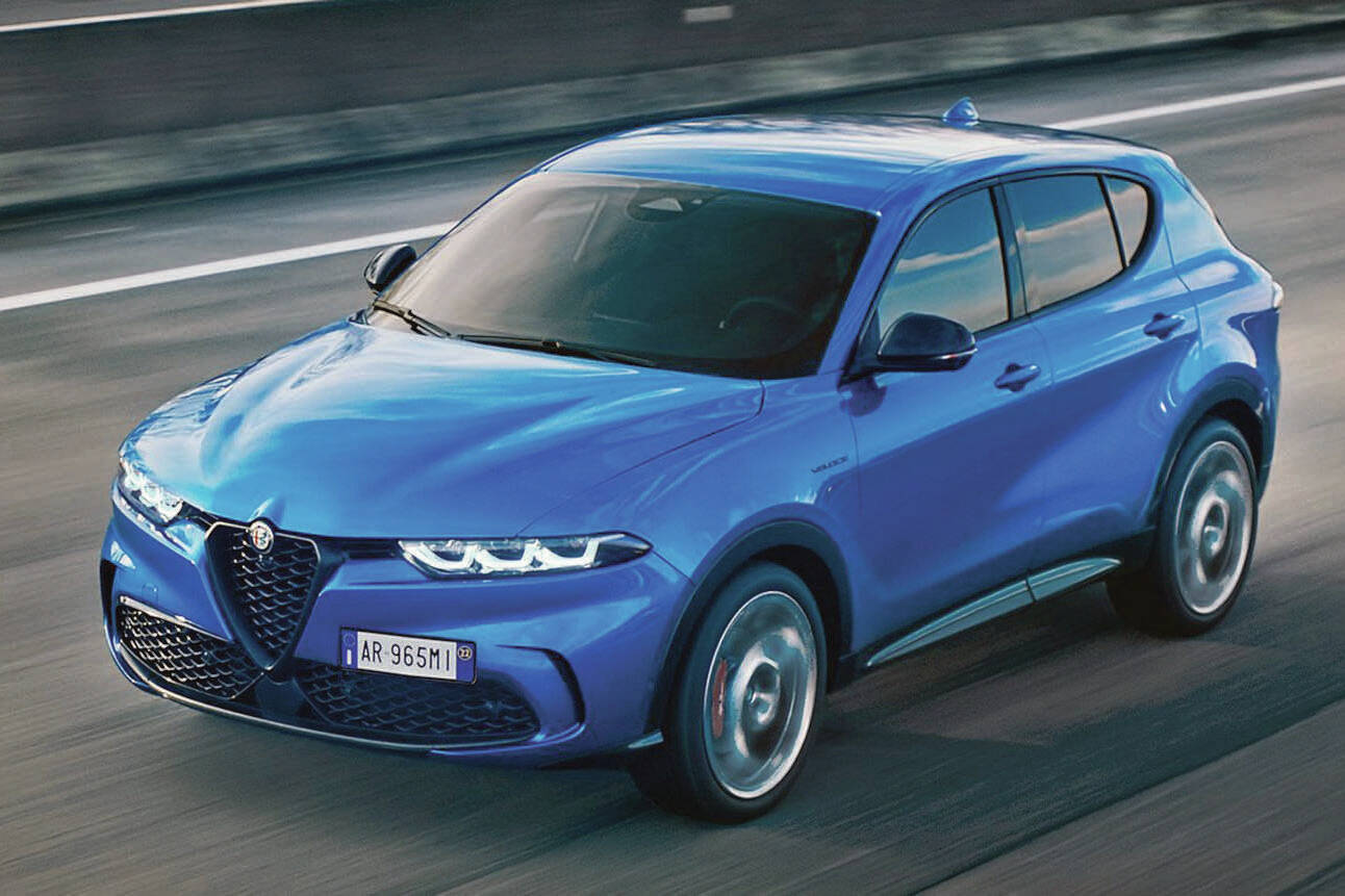 The Alfa Romeo Tonale is a compact utility vehicle that in base trim comes with a 256-horsepower four-cylinder engine. There will also be a plug-in hybrid version. Look for it for the 2023 model year. PHOTO: STELLANTIS