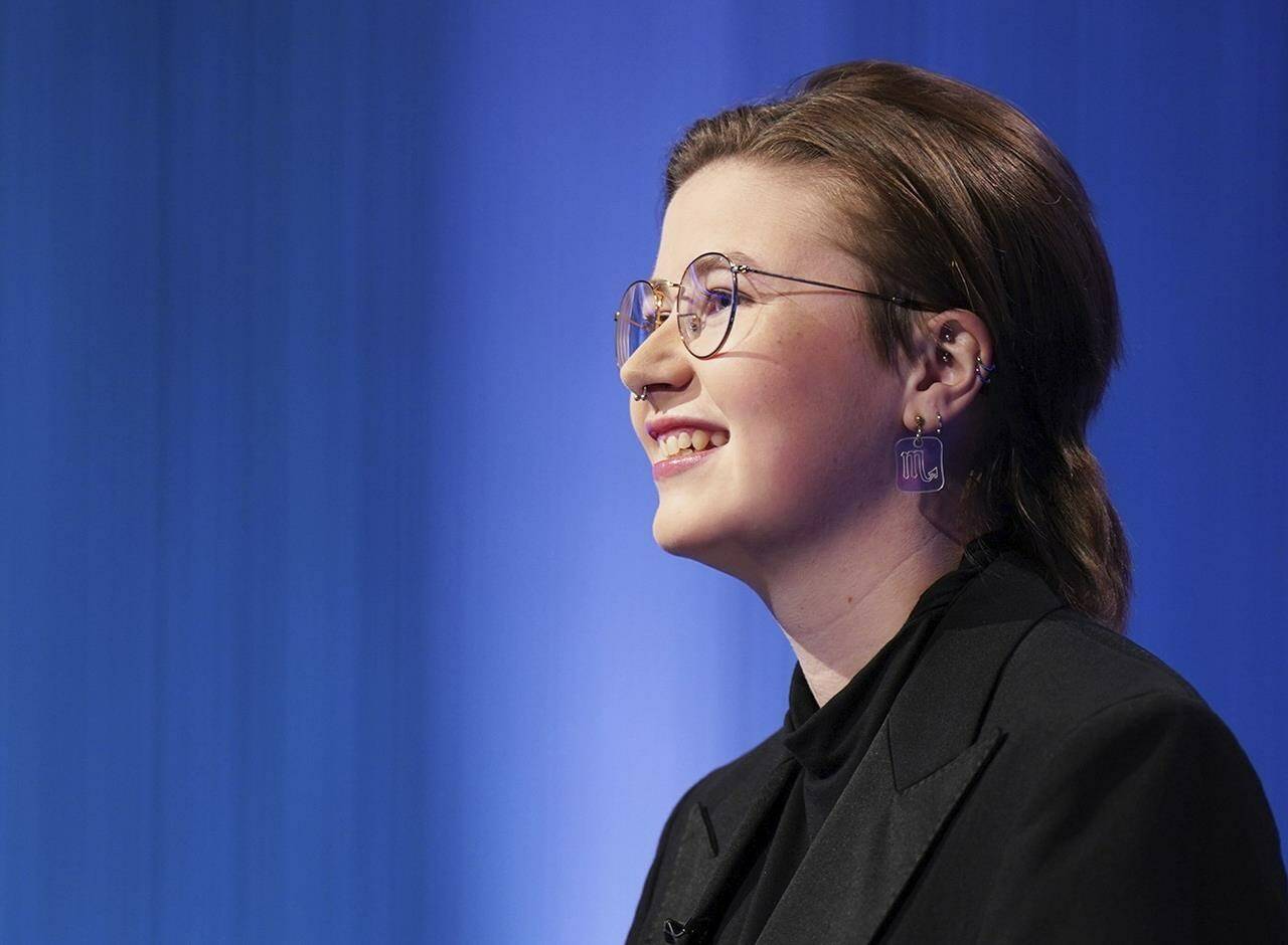 This image released by Sony Pictures Television shows Mattea Roach, a 23-year-old Canadian contestant on the game show “Jeopardy!” (Tyler Golden/Sony Pictures Television via AP)