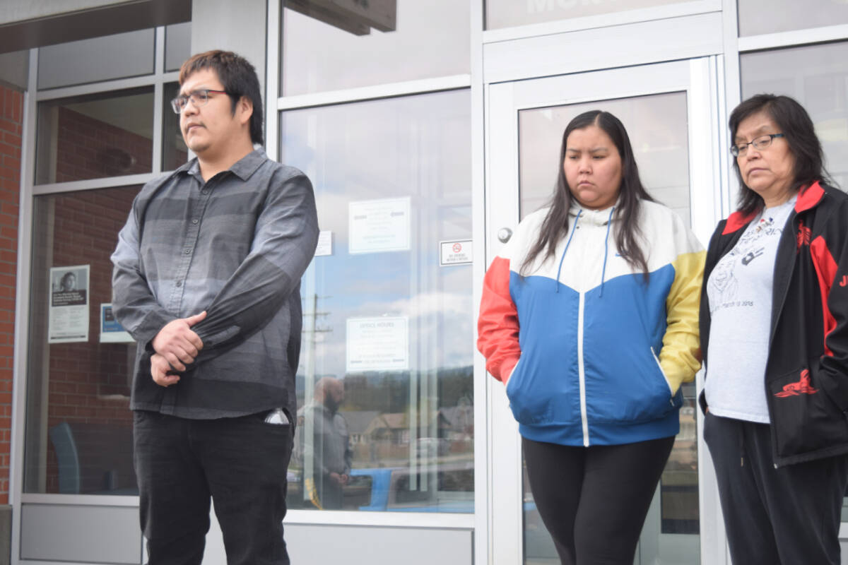 Dontay’s father, Patrick Lucas, speaks with the media outside of the Port Alberni RCMP detachment on Monday, May 9. Lucas was accompanied by his sister and mother. (ELENA RARDON / ALBERNI VALLEY NEWS)